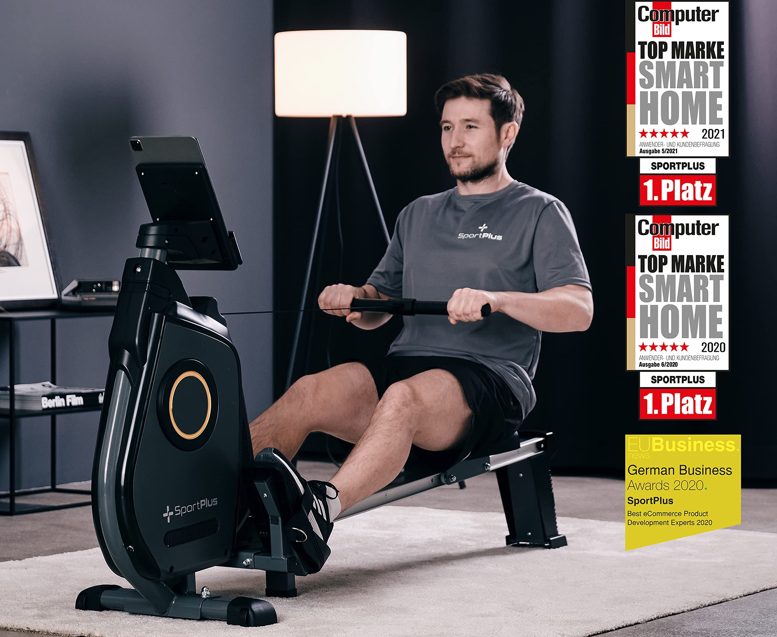 SportPlus Rudergerät für zuhause, Rudergerät klappbar mit App-Steuerung und 24-Stufen-Magnetbremse mit 8kg Schwungmasse, Maße: ca. 180x48x96,5cm (LxBxH); Klappmaße: 79x48x134cm (LxBxH)